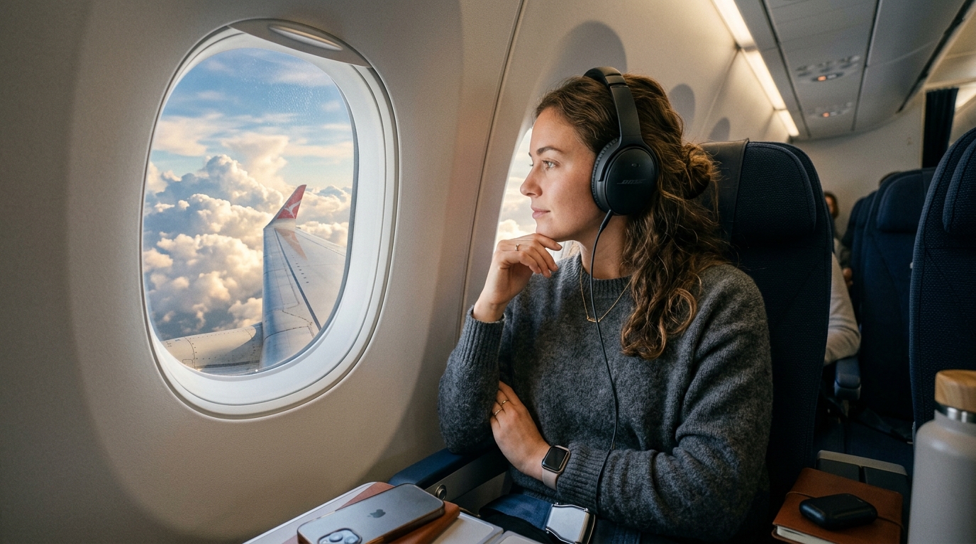 Traveler wearing noise-canceling headphones looking out an airplane window
