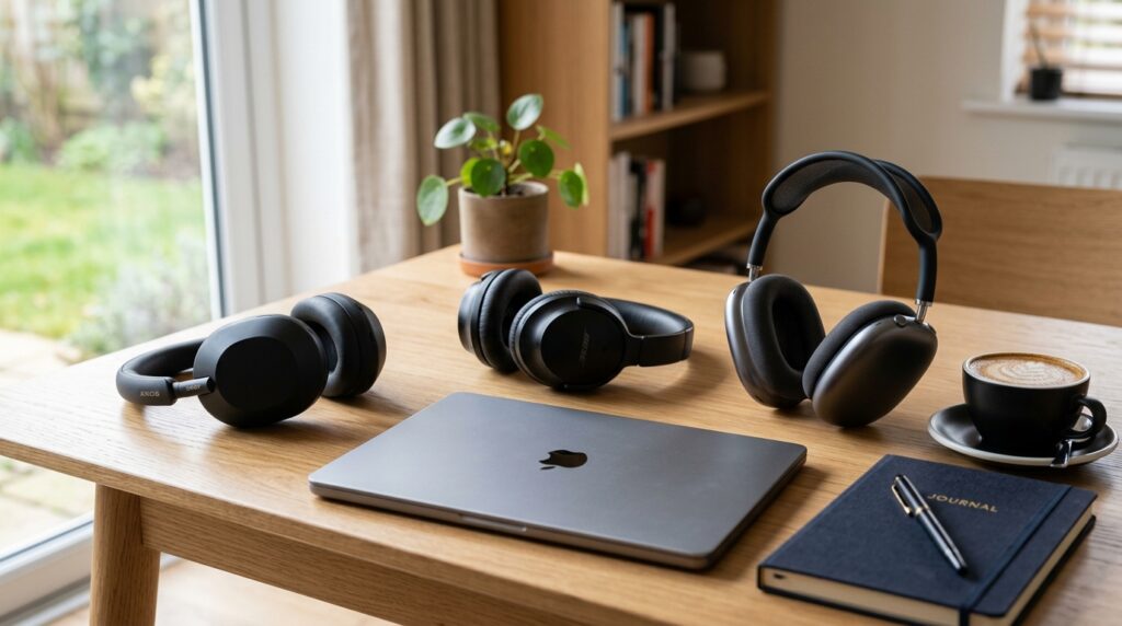 Sony WH-1000XM5, Bose QC Ultra, and Apple AirPods Max headphones on a modern desk