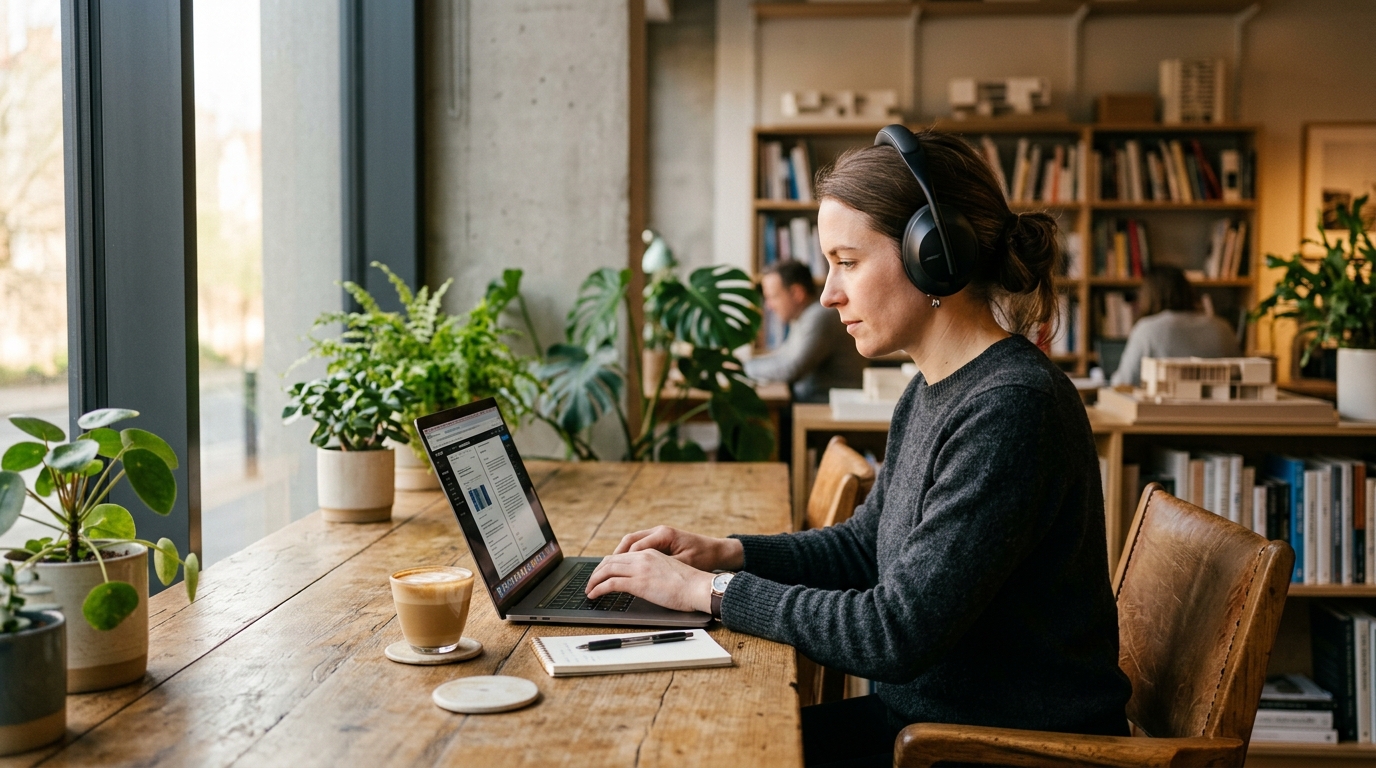 Professional working on a laptop with noise canceling headphones for deep work