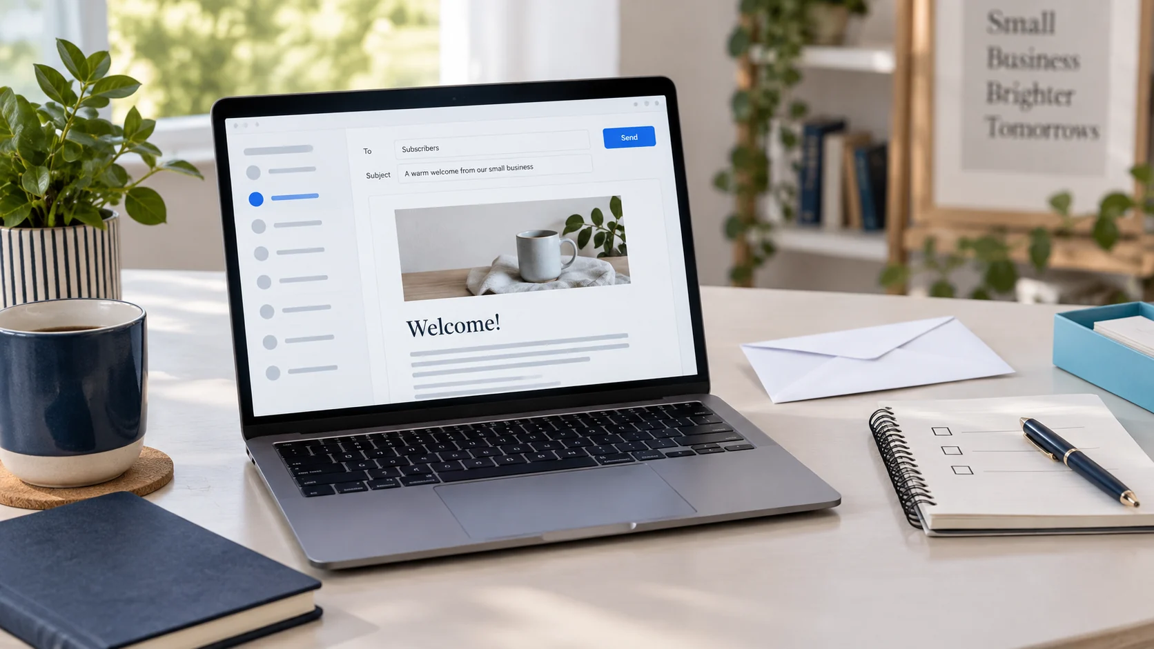 Laptop with a newsletter draft beside a notebook and envelope on a desk