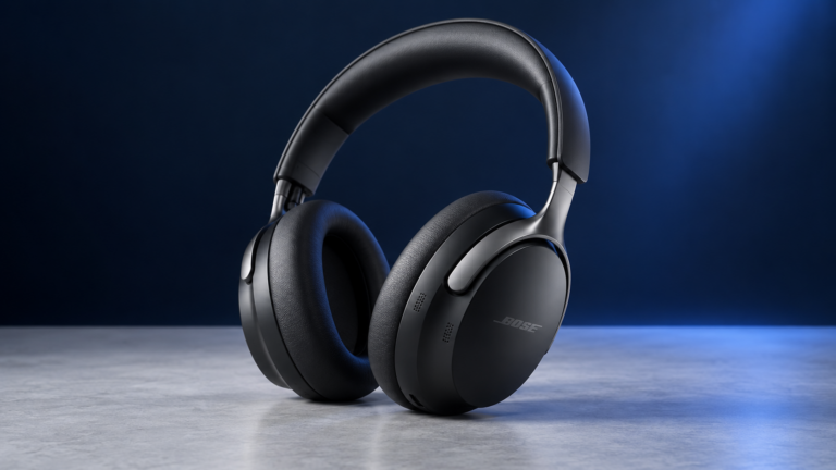 AI illustration of black Bose QuietComfort Ultra headphones against a navy studio background