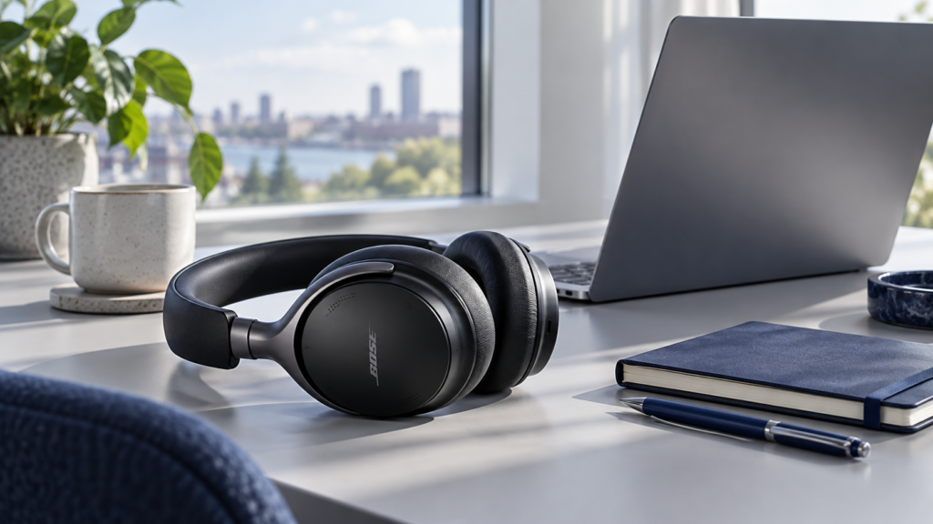 AI illustration of Bose QuietComfort Ultra headphones beside a laptop on a quiet desk