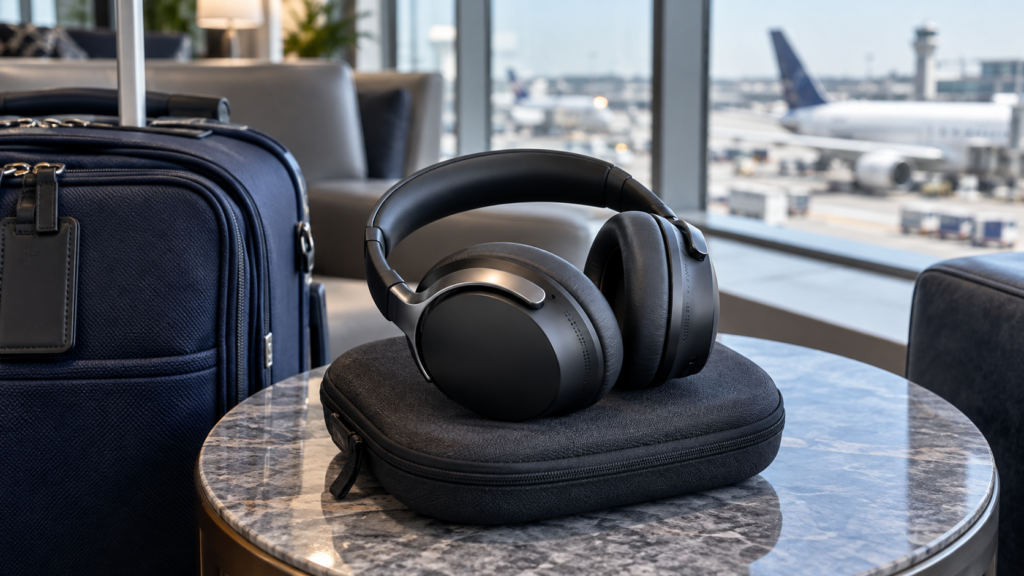 AI illustration of Bose QuietComfort Ultra headphones and a carrying case in an airport lounge