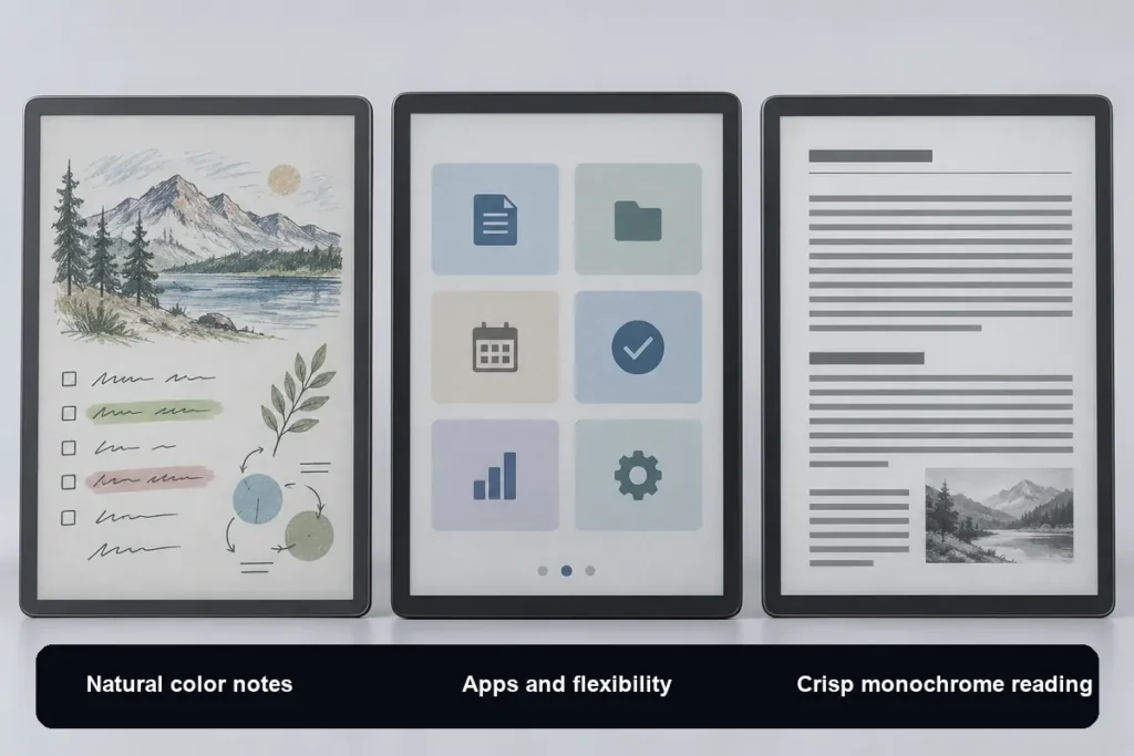 Comparison of natural-color notes, Android apps and monochrome reading on e-paper tablets