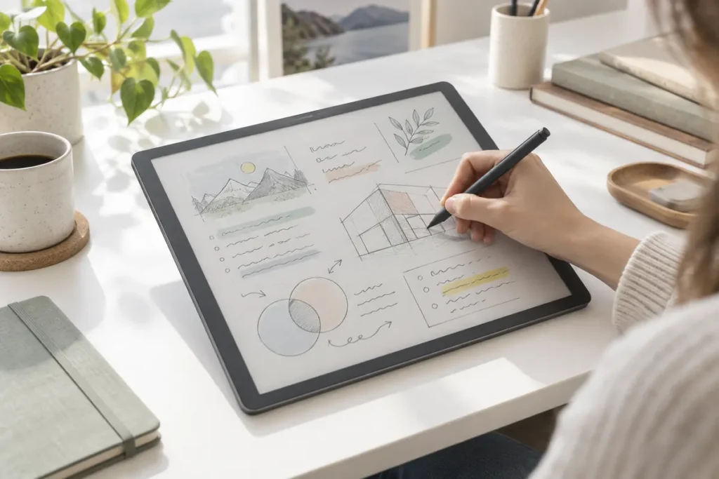 Writing and sketching on a color e-paper digital notebook