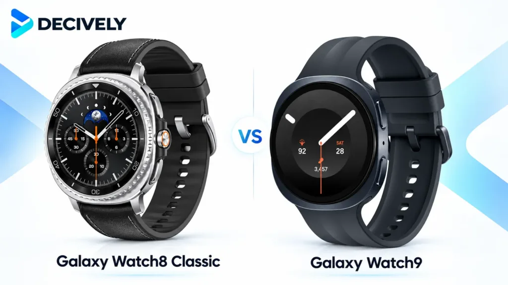 Samsung Galaxy Watch8 Classic and Galaxy Watch9 side by side, with Decively branding