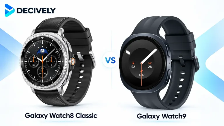 Samsung Galaxy Watch8 Classic and Galaxy Watch9 side by side, with Decively branding