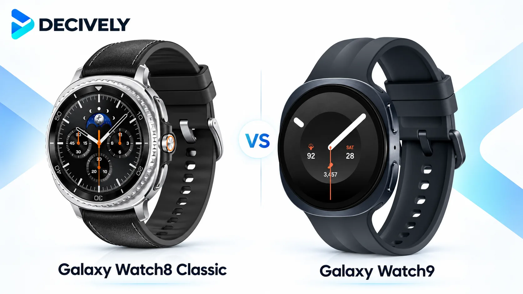 Samsung Galaxy Watch8 Classic and Galaxy Watch9 side by side, with Decively branding
