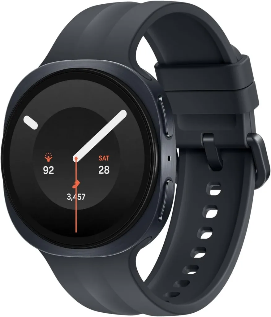 Samsung Galaxy Watch9 in Graphite, 40mm, with a dark strap and silver bezel