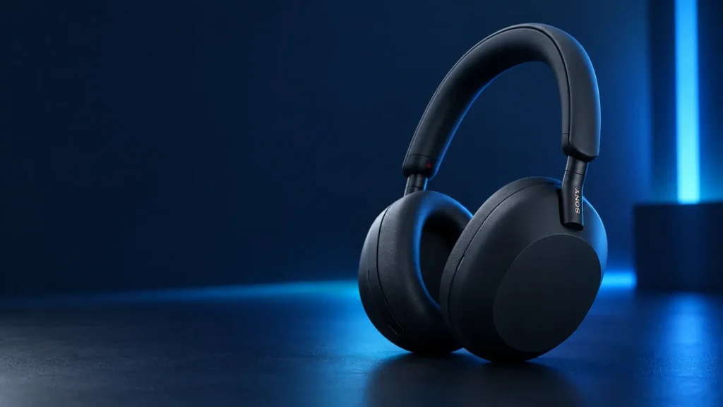 Sony WH-1000XM5 wireless noise-canceling headphones in a dark blue studio setting