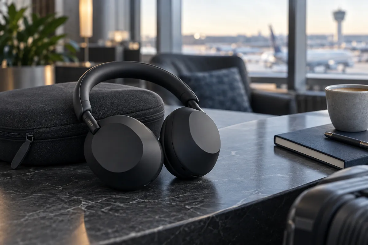 Sony WH-1000XM5 headphones and carrying case in an airport lounge