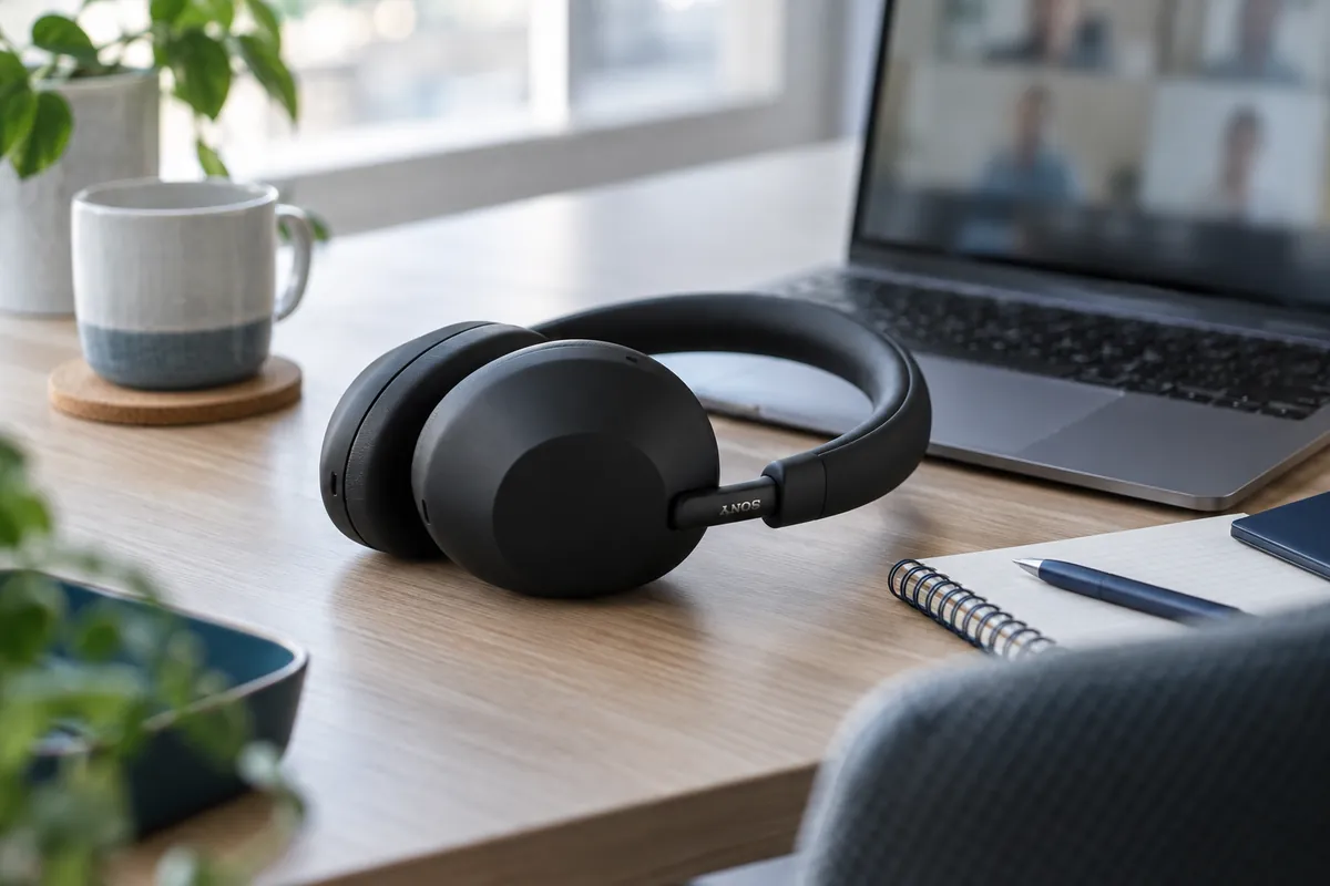 Sony WH-1000XM5 headphones beside a laptop in a home office