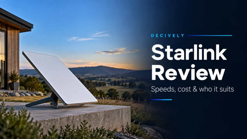 Starlink review — illustrated satellite antenna at a rural home, with a clear view of the sky