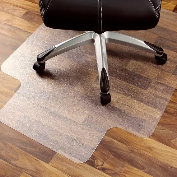 Floortex Ultimat clear lipped polycarbonate chair mat shown on a wood floor.