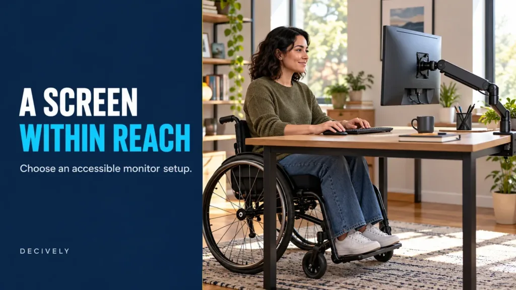 Conceptual illustration of a wheelchair user at an accessible desk with an articulated monitor arm