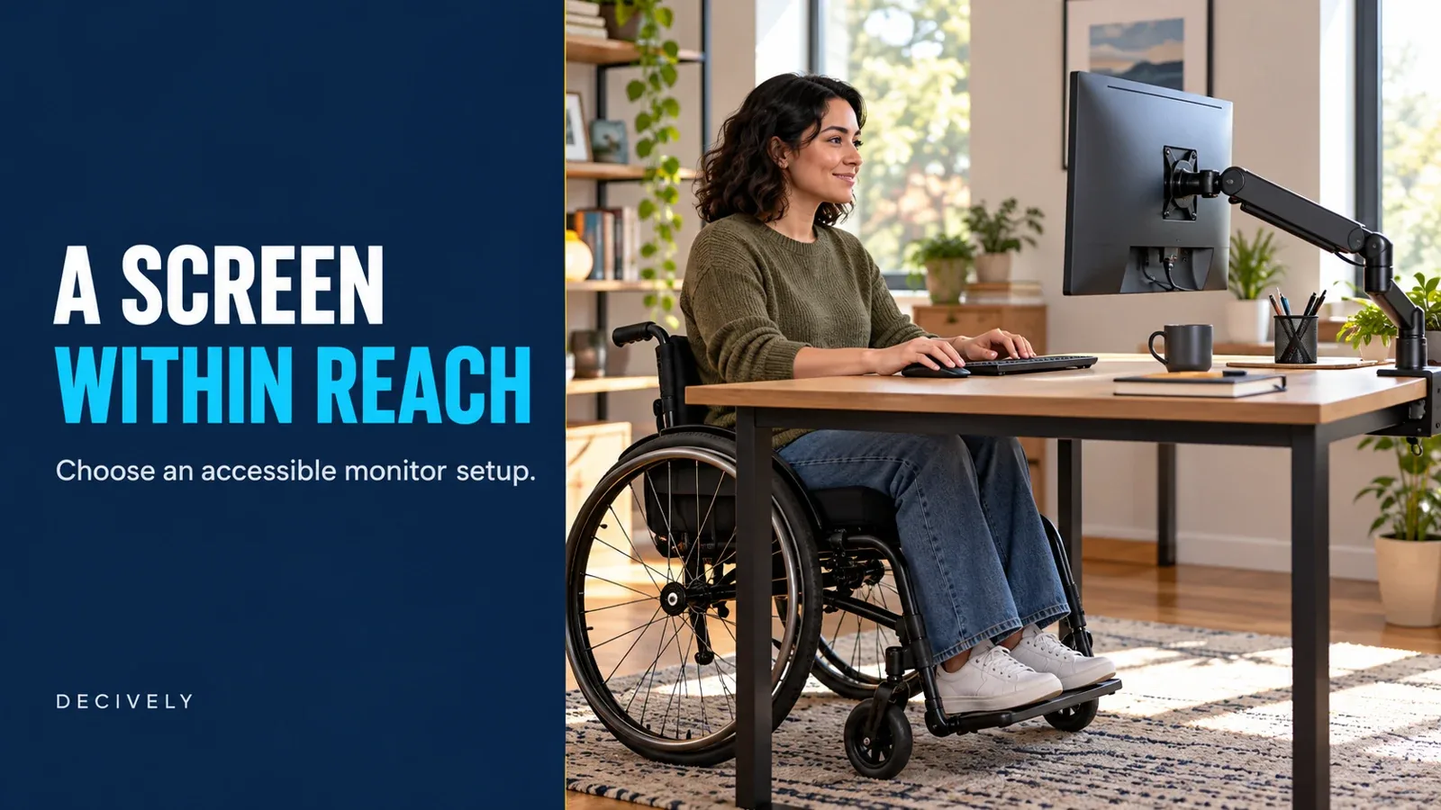 Conceptual illustration of a wheelchair user at an accessible desk with an articulated monitor arm
