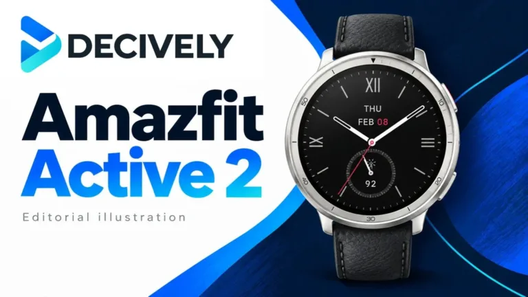 Editorial illustration of Amazfit Active 2 Round Premium with black leather strap and Decively branding