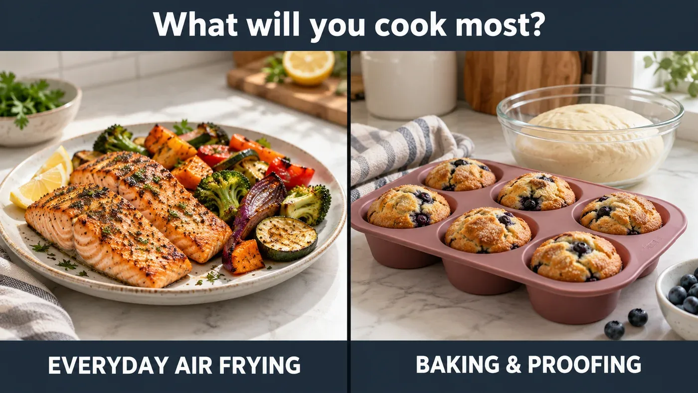 Illustration of salmon and vegetables beside muffins and risen dough showing different cooking needs