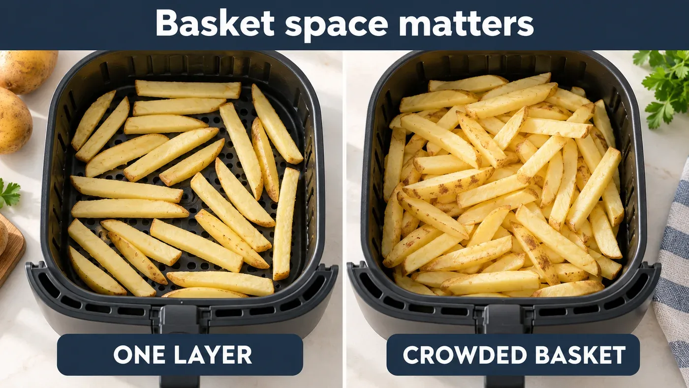 Illustration comparing fries spread in one layer with an overcrowded generic air fryer basket