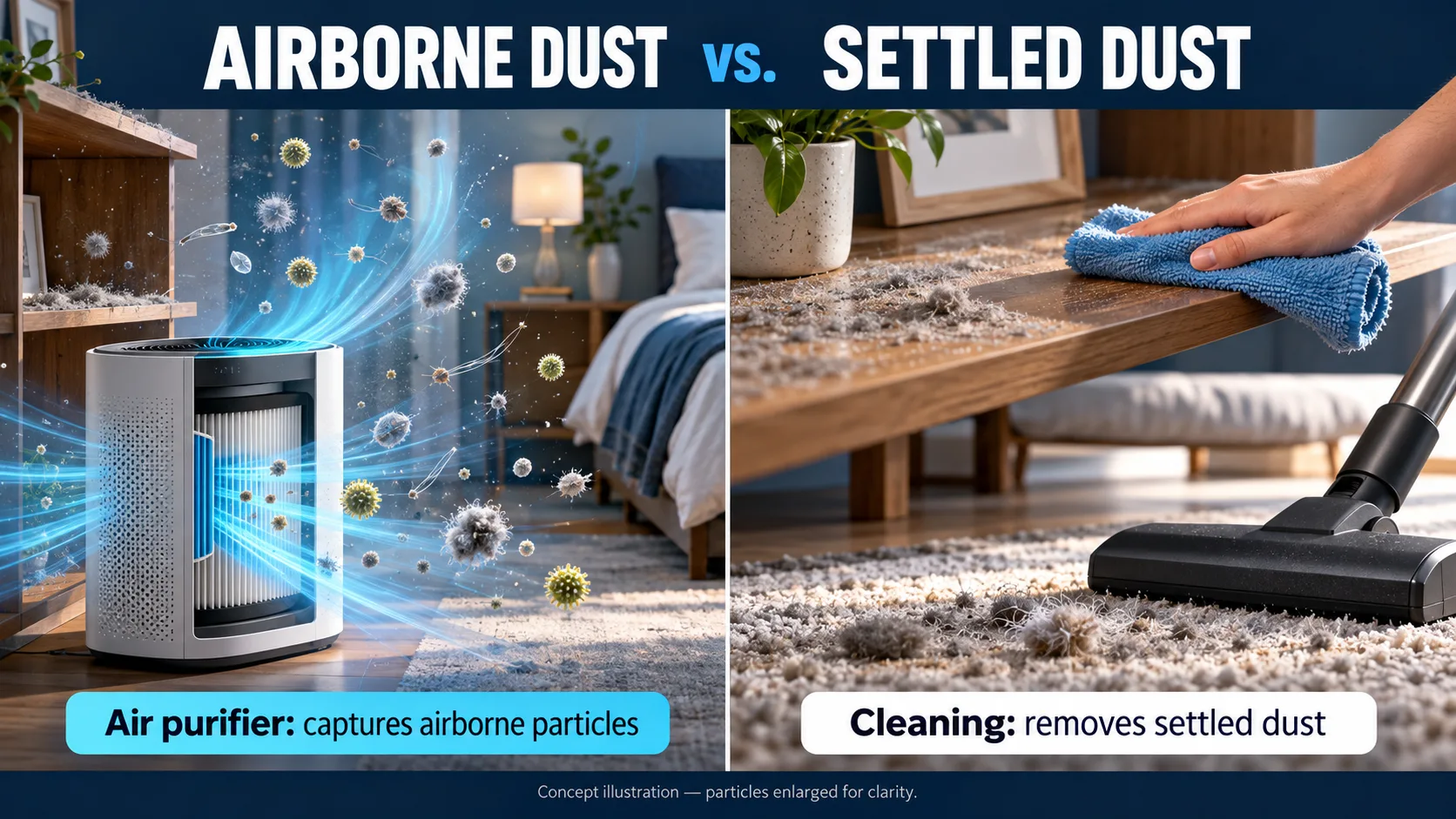 Air purifier captures airborne dust while wiping and vacuuming remove settled dust; enlarged concept illustration.
