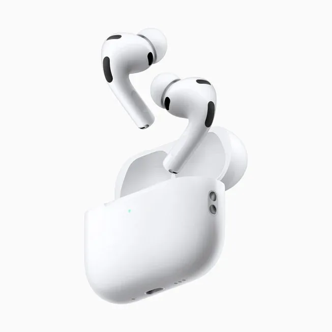 Apple AirPods Pro 3 earbuds above their open white USB-C charging case