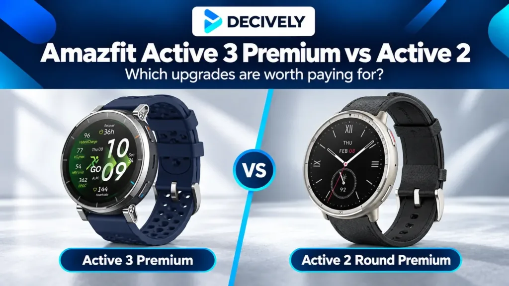 Amazfit Active 3 Premium Atlas Blue beside Active 2 Round Premium Black Leather with the Decively logo