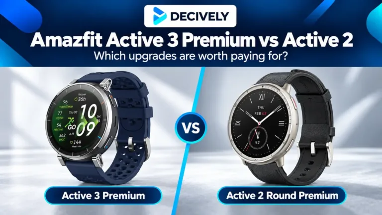 Amazfit Active 3 Premium Atlas Blue beside Active 2 Round Premium Black Leather with the Decively logo