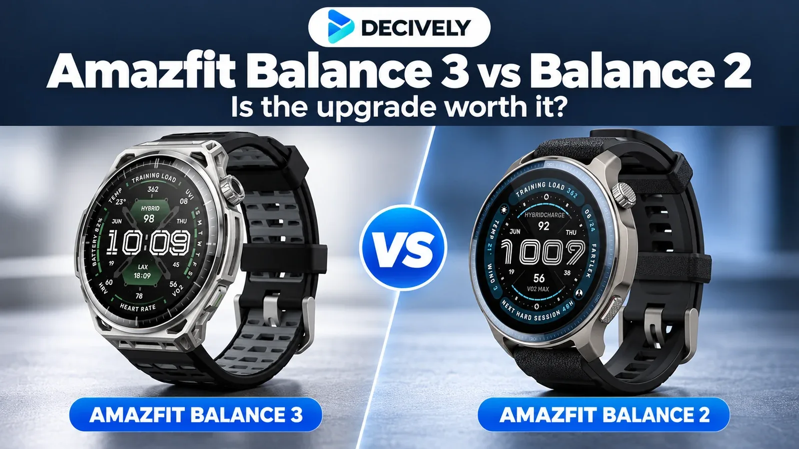 Amazfit Balance 3 Stainless Steel and Balance 2 Aluminum Alloy with black straps and the Decively logo