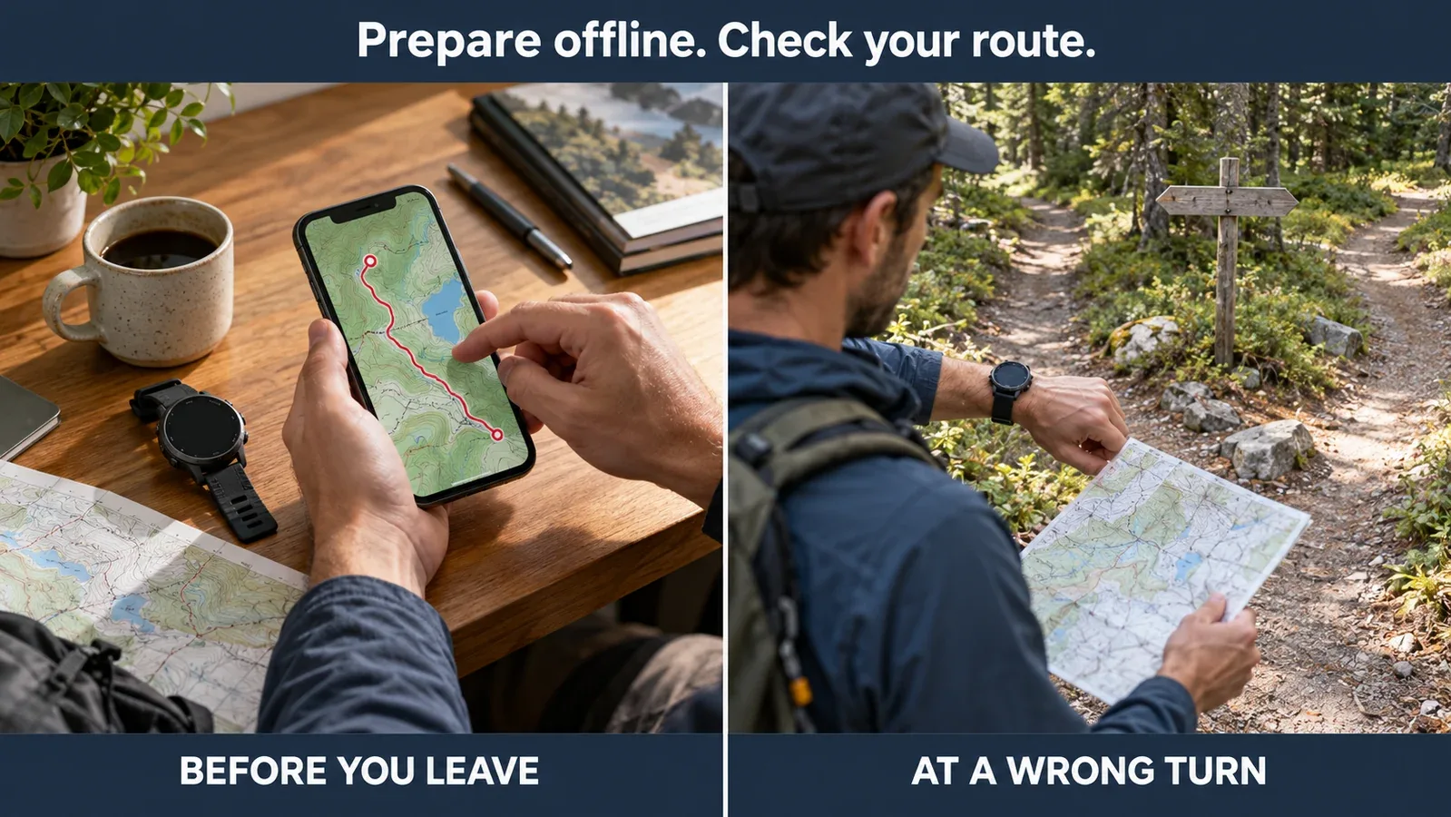 Illustration of preparing an offline map at home and checking a route at a woodland trail junction
