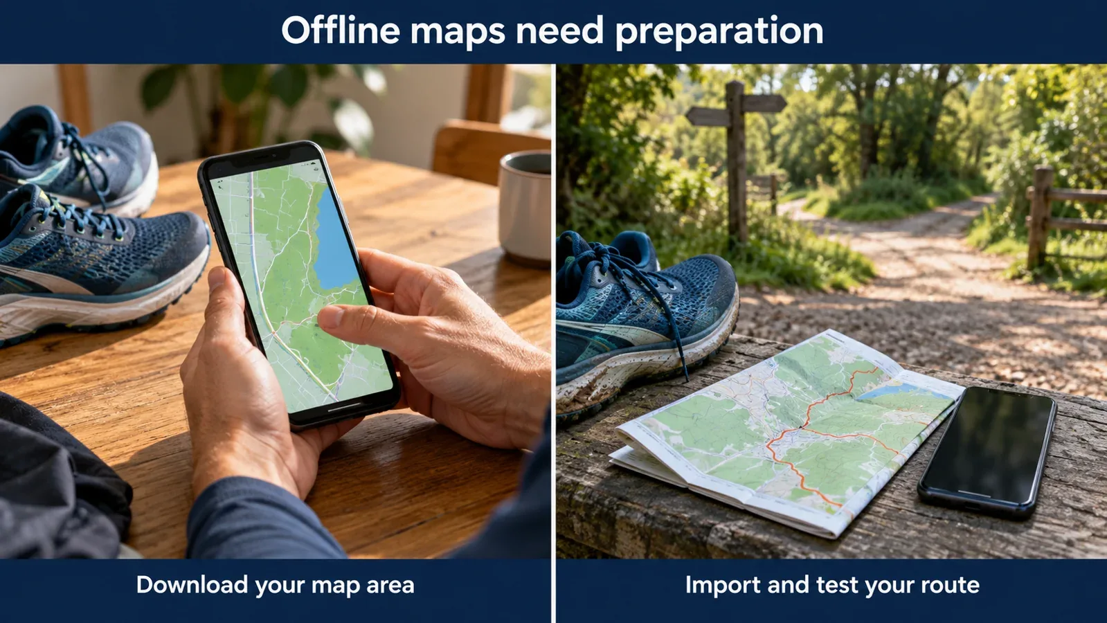 Illustration of downloading an offline map area and preparing a route before an outdoor run