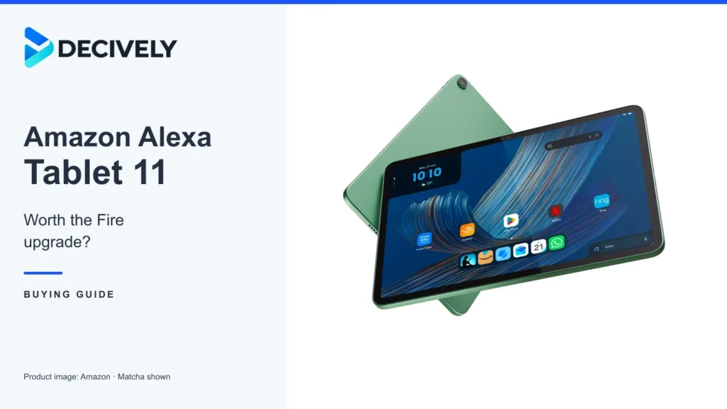 Amazon Alexa Tablet 11 in Matcha, shown from the front and back, with the Decively logo.