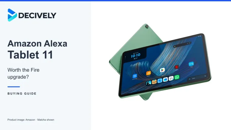 Amazon Alexa Tablet 11 in Matcha, shown from the front and back, with the Decively logo.