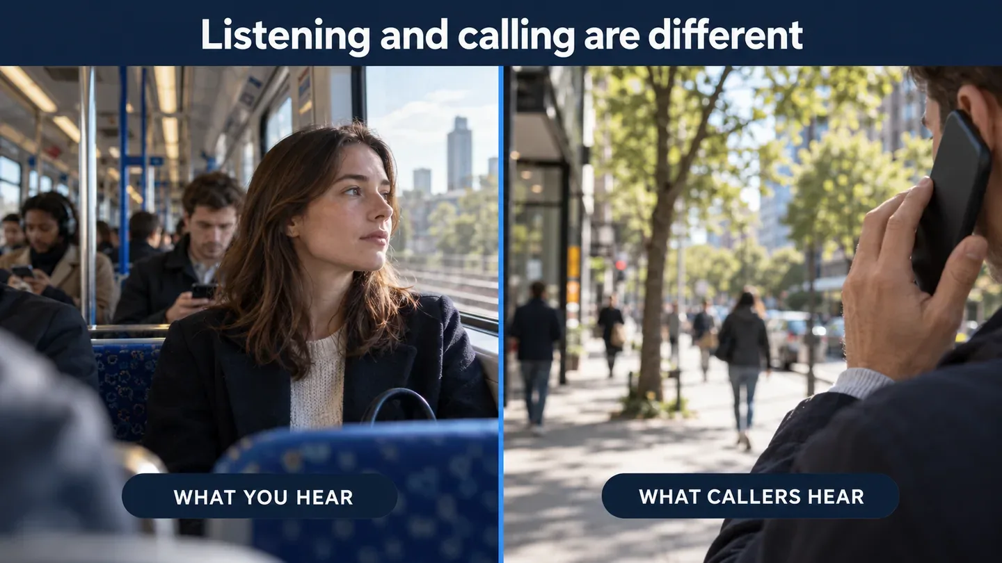A passenger on a commuter train beside an outdoor phone call, illustrating listener noise cancellation versus microphone clarity.