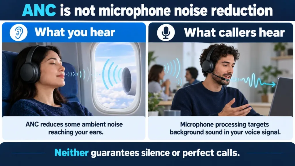 ANC reduces some ambient sound reaching your ears; microphone noise reduction targets background sound sent to callers.