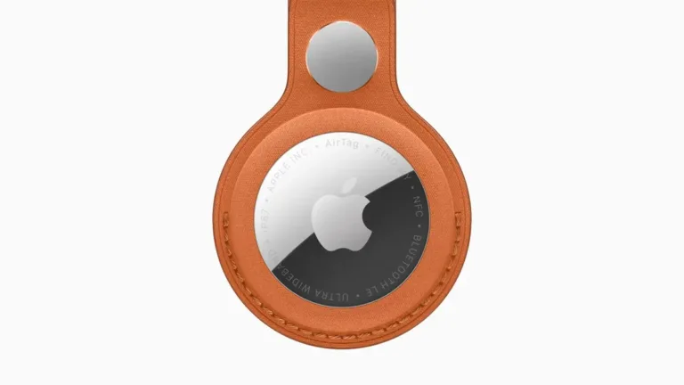 Apple AirTag second generation in an orange FineWoven Key Ring