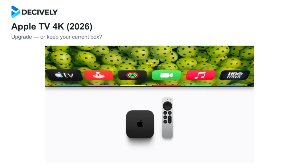 Apple TV 4K fourth-generation box and Siri Remote in an official photograph with the actual Decively logo in a separate title band