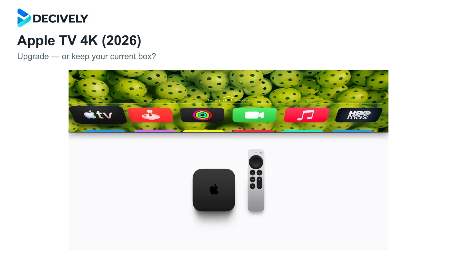 Apple TV 4K fourth-generation box and Siri Remote in an official photograph with the actual Decively logo in a separate title band