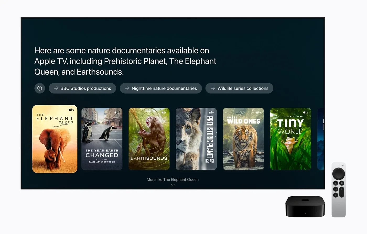 Official Apple TV 4K demonstration showing Siri AI documentary recommendations