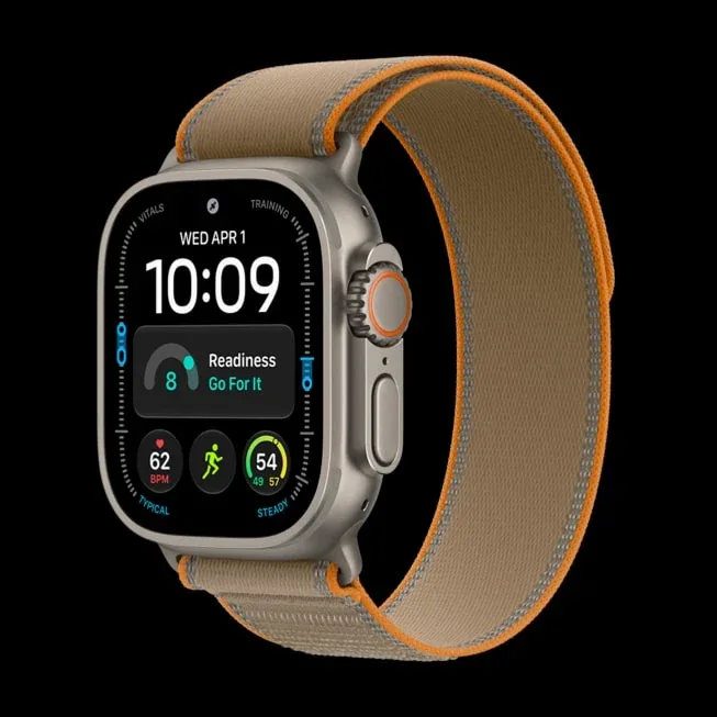Apple Watch Ultra 4 in Natural Titanium with Sand Trail Loop; Apple product image