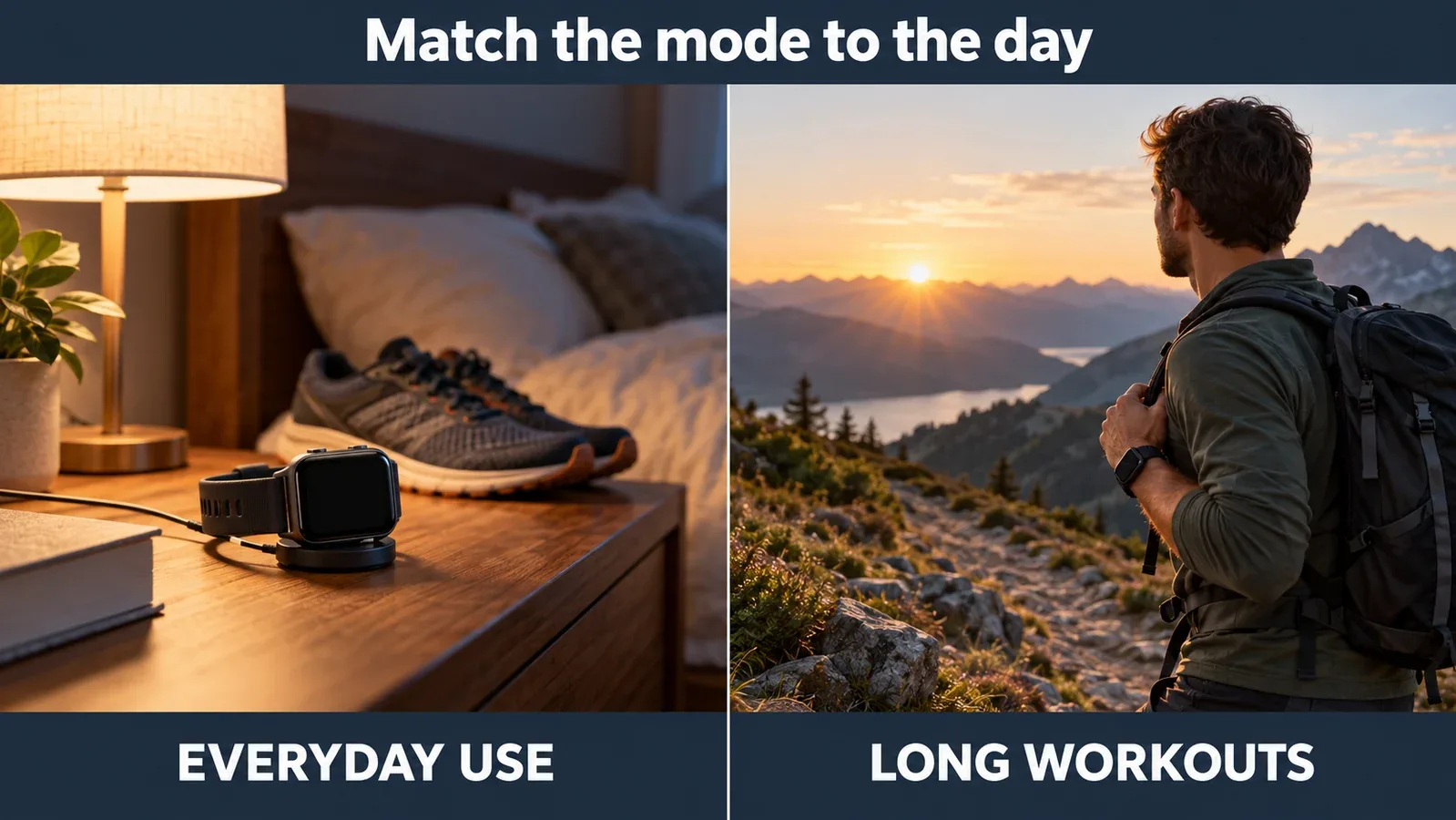 Illustration comparing everyday smartwatch charging with using a watch during a long hike