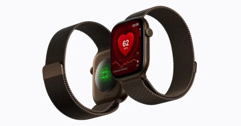 Two Apple Watch Series 12 devices showing the Heart Rate app and rear sensors