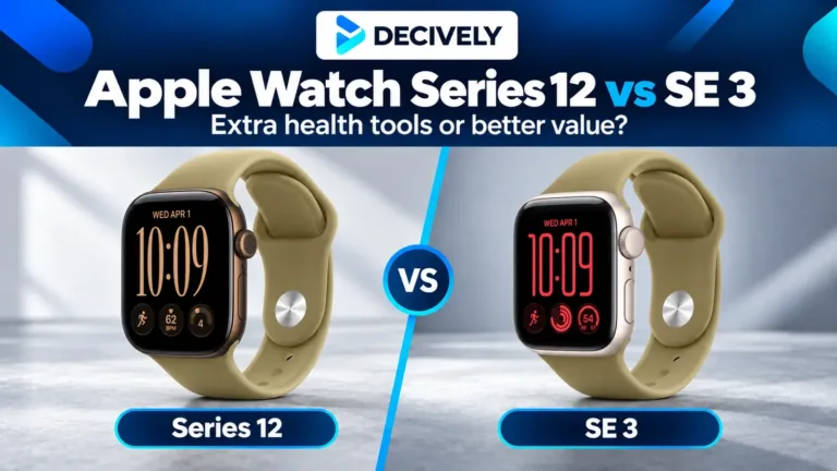 Apple Watch Series 12 Dark Bronze beside Apple Watch SE 3 Starlight with the Decively logo