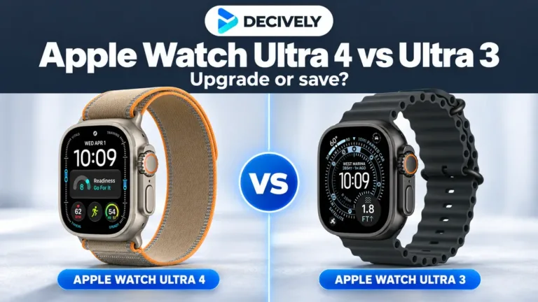 Apple Watch Ultra 4 Sand Trail Loop beside Ultra 3 Black Ocean Band with the Decively logo