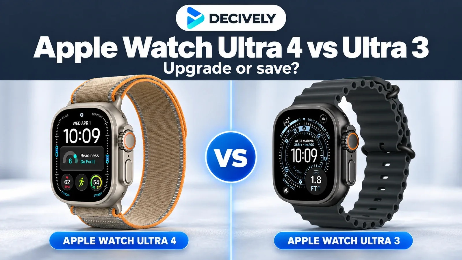 Apple Watch Ultra 4 Sand Trail Loop beside Ultra 3 Black Ocean Band with the Decively logo