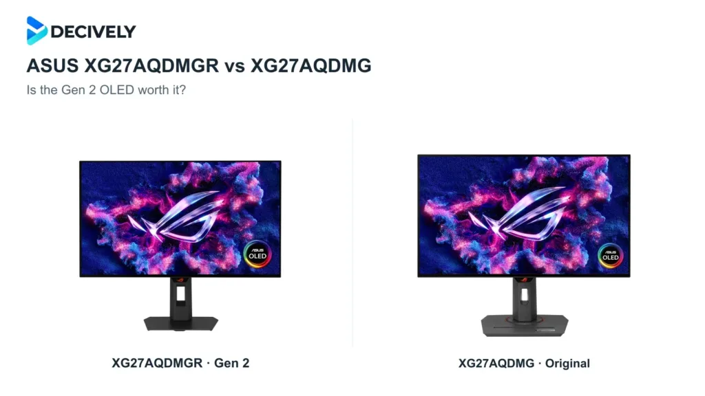 ASUS XG27AQDMGR Gen 2 and original XG27AQDMG OLED monitors with the official Decively logo