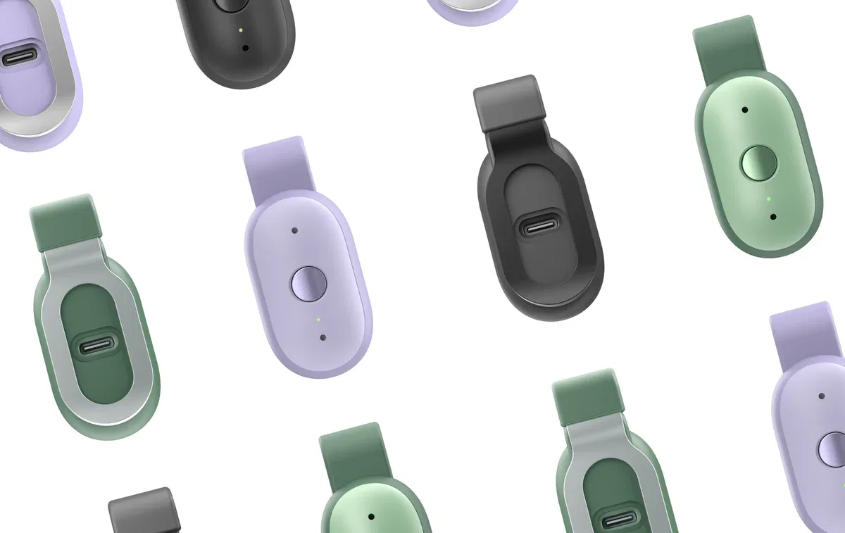 Official Bee Frontier illustration showing the removable clothing clips, microphones, action button and USB-C ports