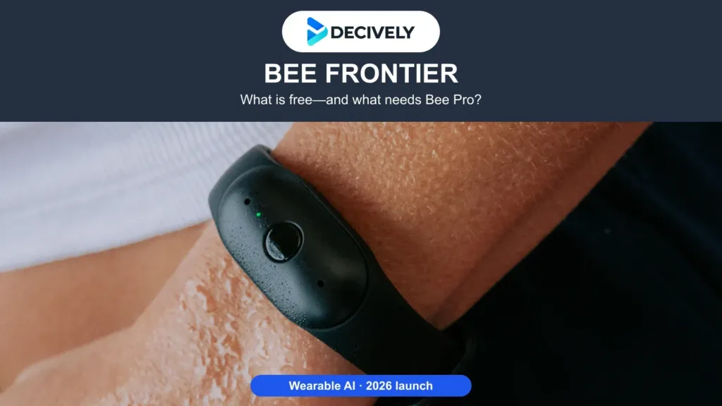 Bee Frontier AI wearable on a wrist in the official manufacturer photograph, with the actual Decively logo