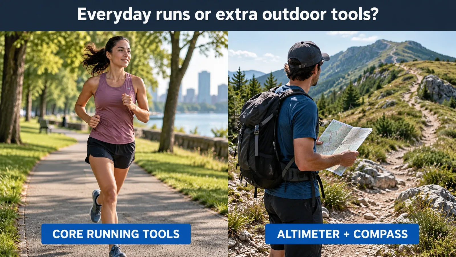 Illustration comparing an everyday park run with a hilly trail where elevation and compass information can be useful