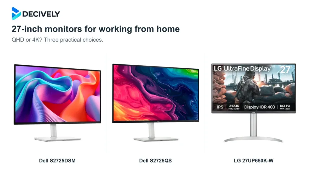 Dell S2725DSM, Dell S2725QS and LG 27UP650K-W 27-inch monitors with the official Decively logo