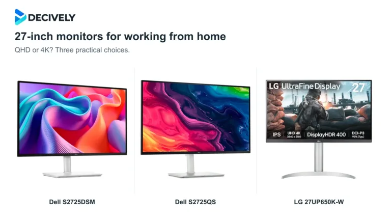 Dell S2725DSM, Dell S2725QS and LG 27UP650K-W 27-inch monitors with the official Decively logo